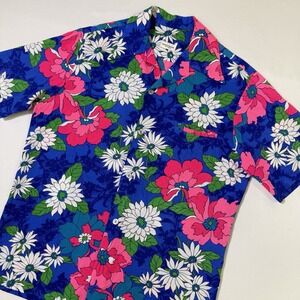 Vintage Liberty House Shirt Mens M Barkcloth Hawaiian 60s Floral Turquoise Blue‎